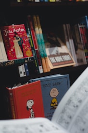 Books are arranged on shelves with visible titles including 'Jane Austen Playing Cards' that features a colorful cover with floral elements. Additional visible books showcase artwork from the Peanuts comic strip, featuring characters like Charlie Brown and Snoopy.