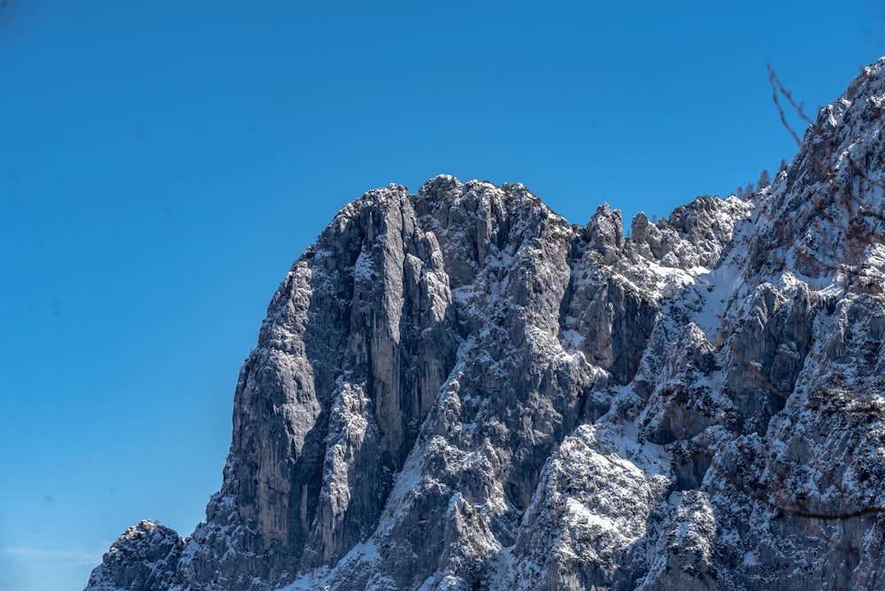 a snow covered mountain with a blue sky in the background