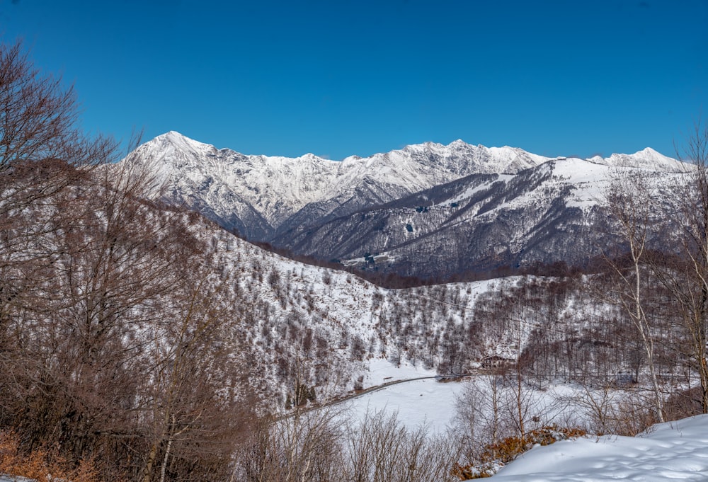 a view of a snowy mountain range from a distance