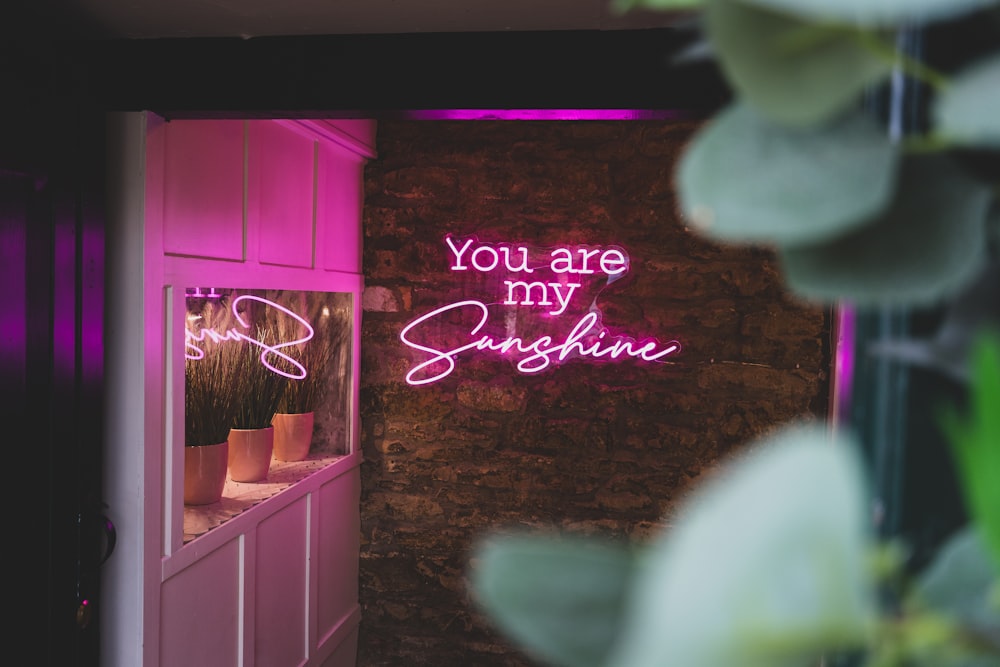 a pink neon sign that says you are my sunshine
