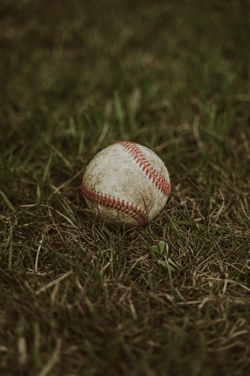 uma bola de beisebol sentada no topo de um campo verde exuberante