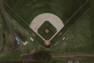 an aerial view of a baseball field with a red ball