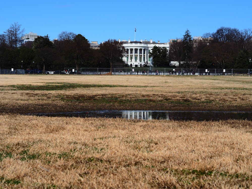 the white house is reflected in a puddle of water