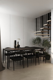 A modern dining table featuring sleek lines and minimalist design.
