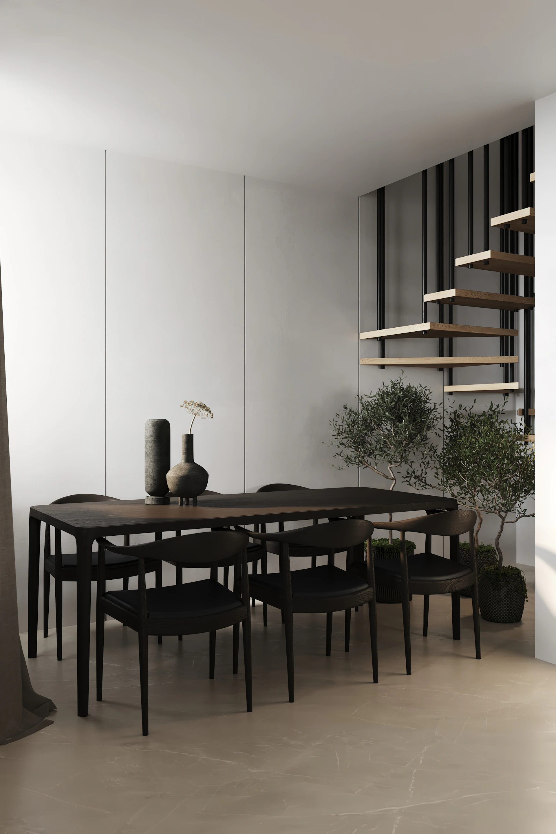 A minimalist dining area showcasing a sleek wooden table surrounded by elegant chairs in earthy hues.