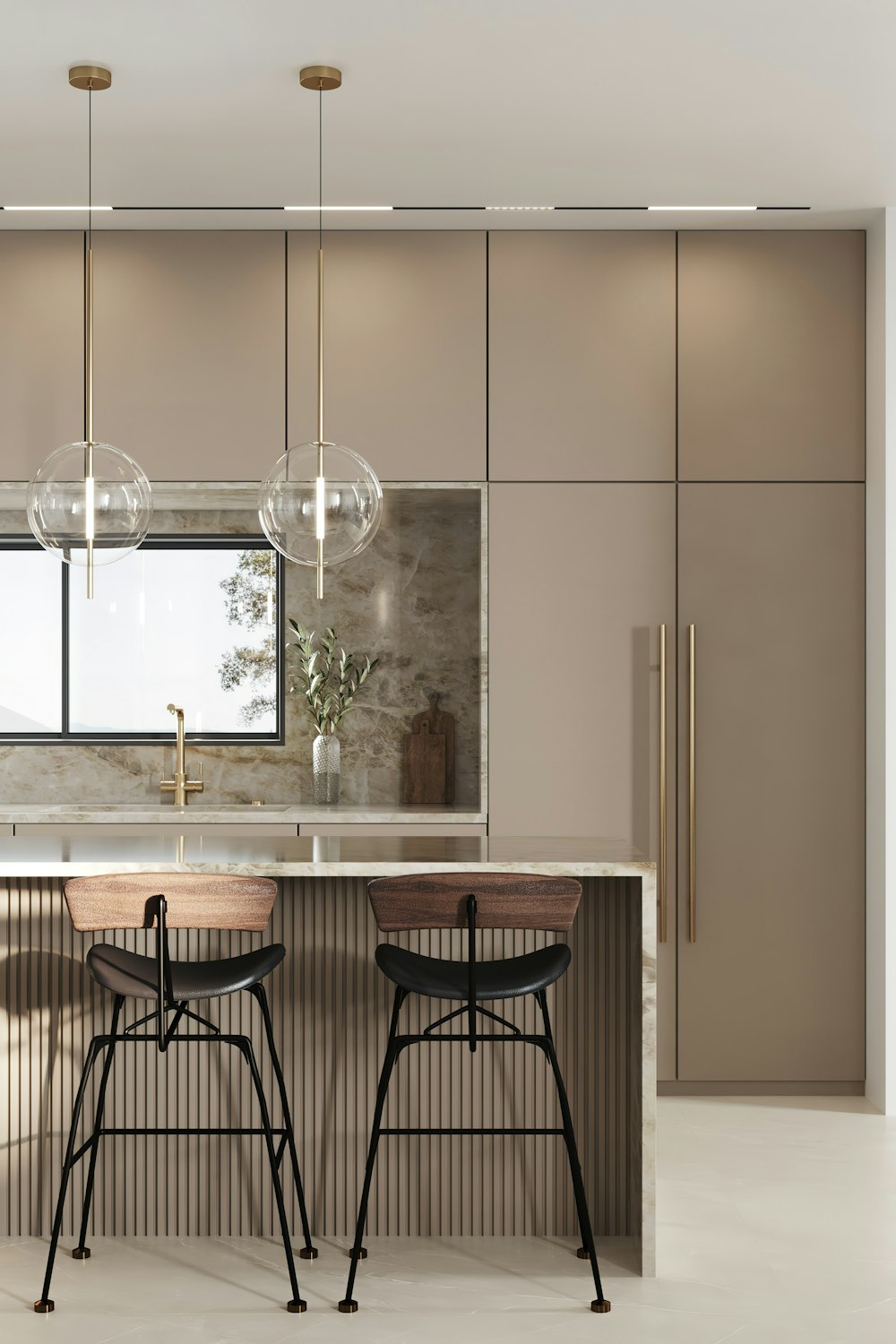 a kitchen with a marble counter top and two stools