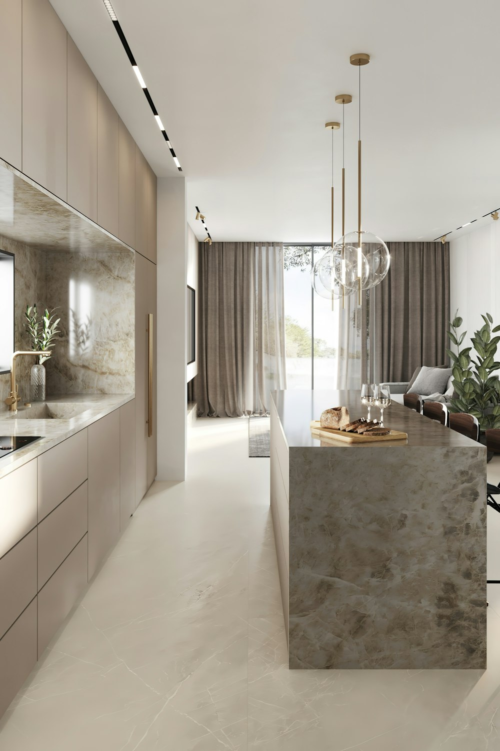 a modern kitchen with a marble counter top