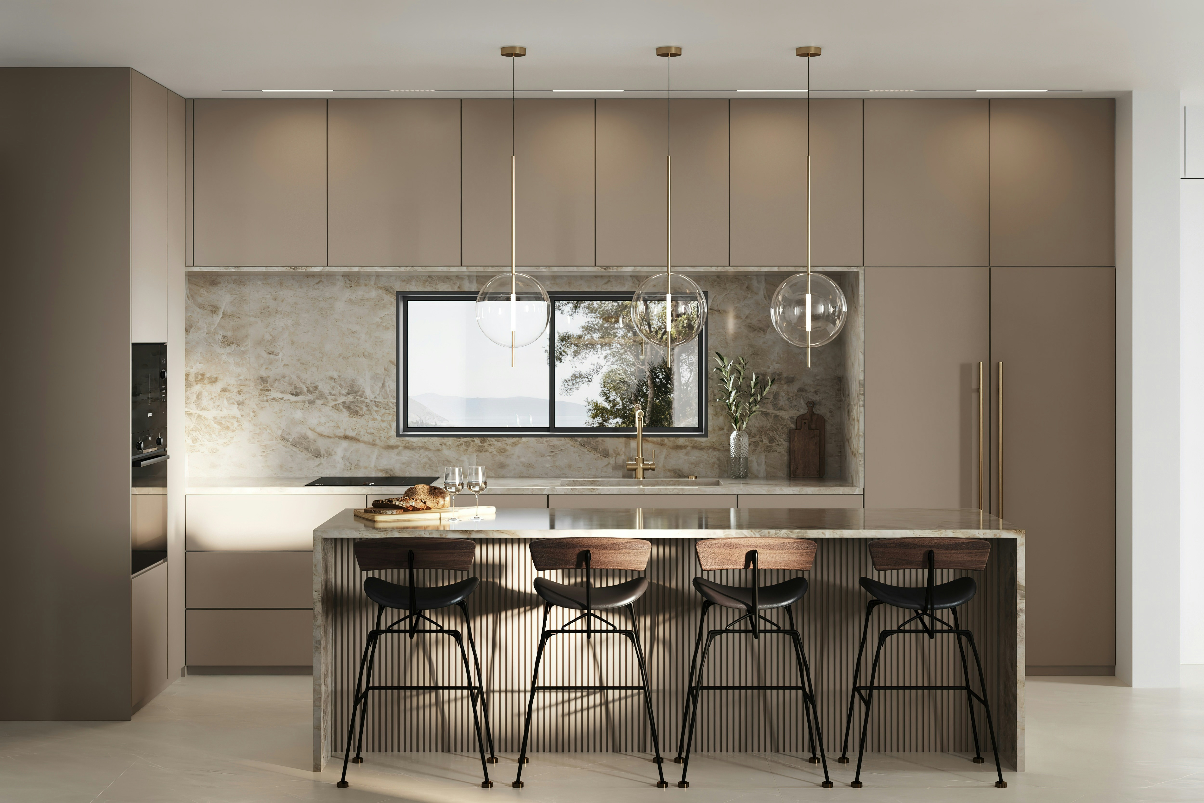 warm colored kitchen - breakfast counter kitchen - kitchen island - elegant modern lighting