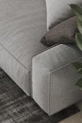 A detailed view of a gray upholstered sofa with a textured surface, accompanied by two cushions in different shades of gray. A plant with broad green leaves is partially visible on the right side, and the sofa is placed atop a dark, patterned rug.