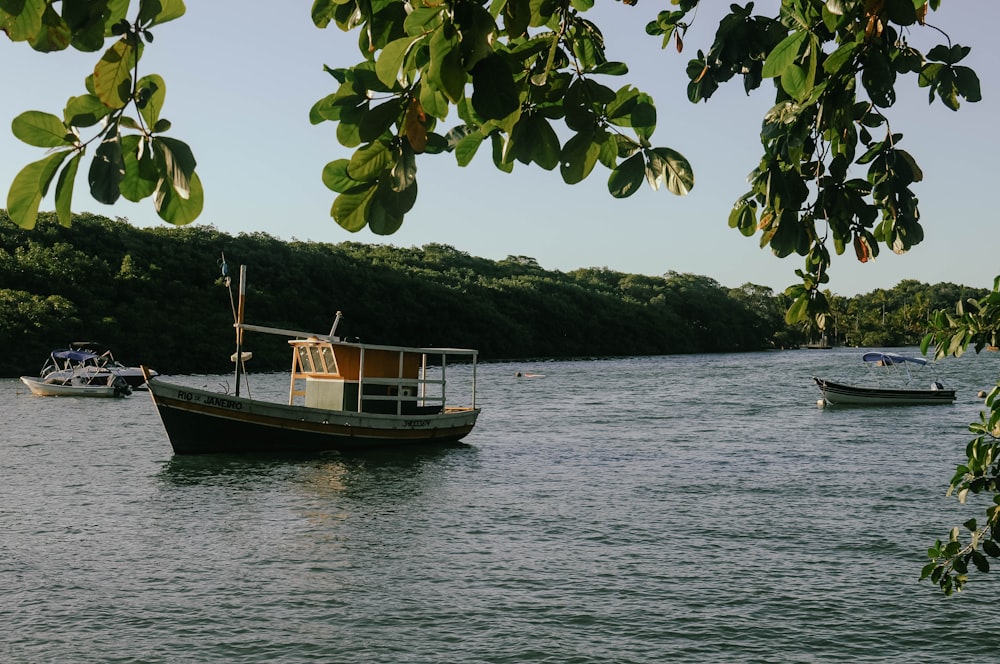 a couple of boats floating on top of a lake