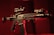A black rifle with various attachments, including a scope and other tactical gear, is set against a dark, red-tinged background. The lighting emphasizes the structure of the weapon, casting shadows and highlighting its details.