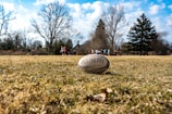 Close-up of hands passing a rugby ball on a grassy field with club logo visible.