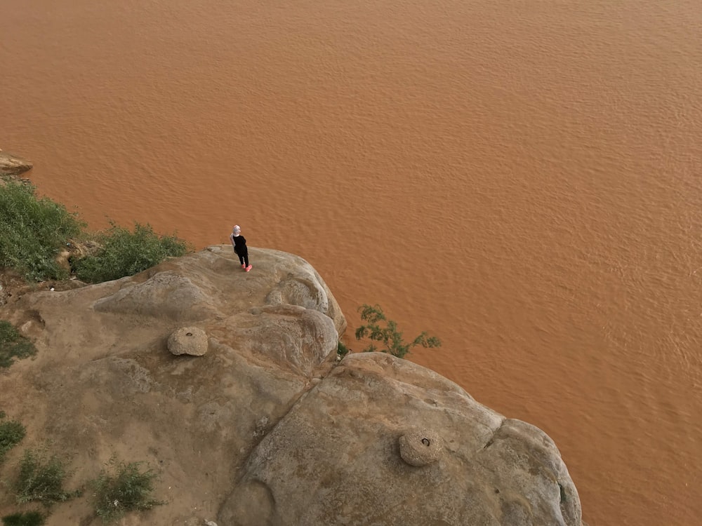 a person standing on top of a large rock