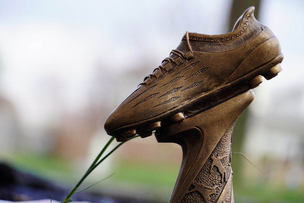 a close up of a shoe with a flower in it
