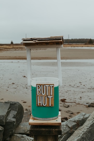 A makeshift trash receptacle labeled 'BUTT HUT' stands on a rocky shore. The container is painted teal and white, topped with a simple, rustic wooden roof. The background is overcast, with a sandy beach and distant trees.