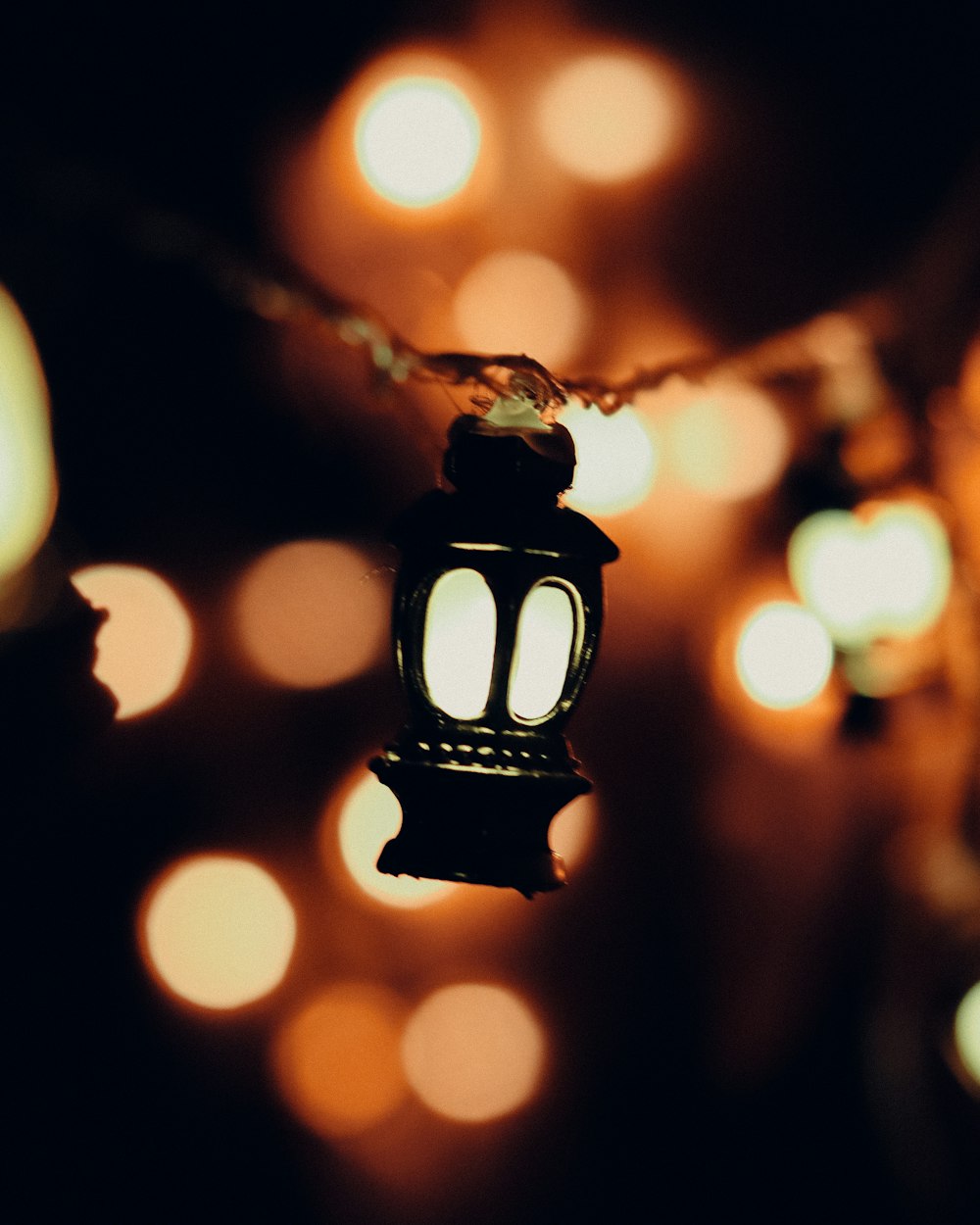 a lantern hanging from a string of lights