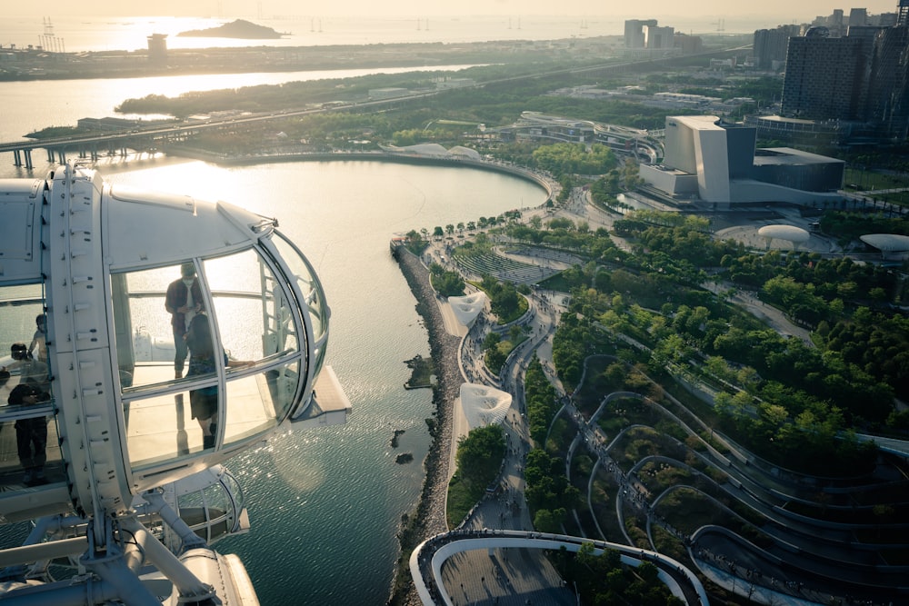 an aerial view of a city and a river