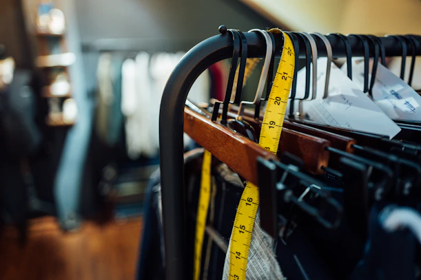 a rack of clothes with a measuring tape on it