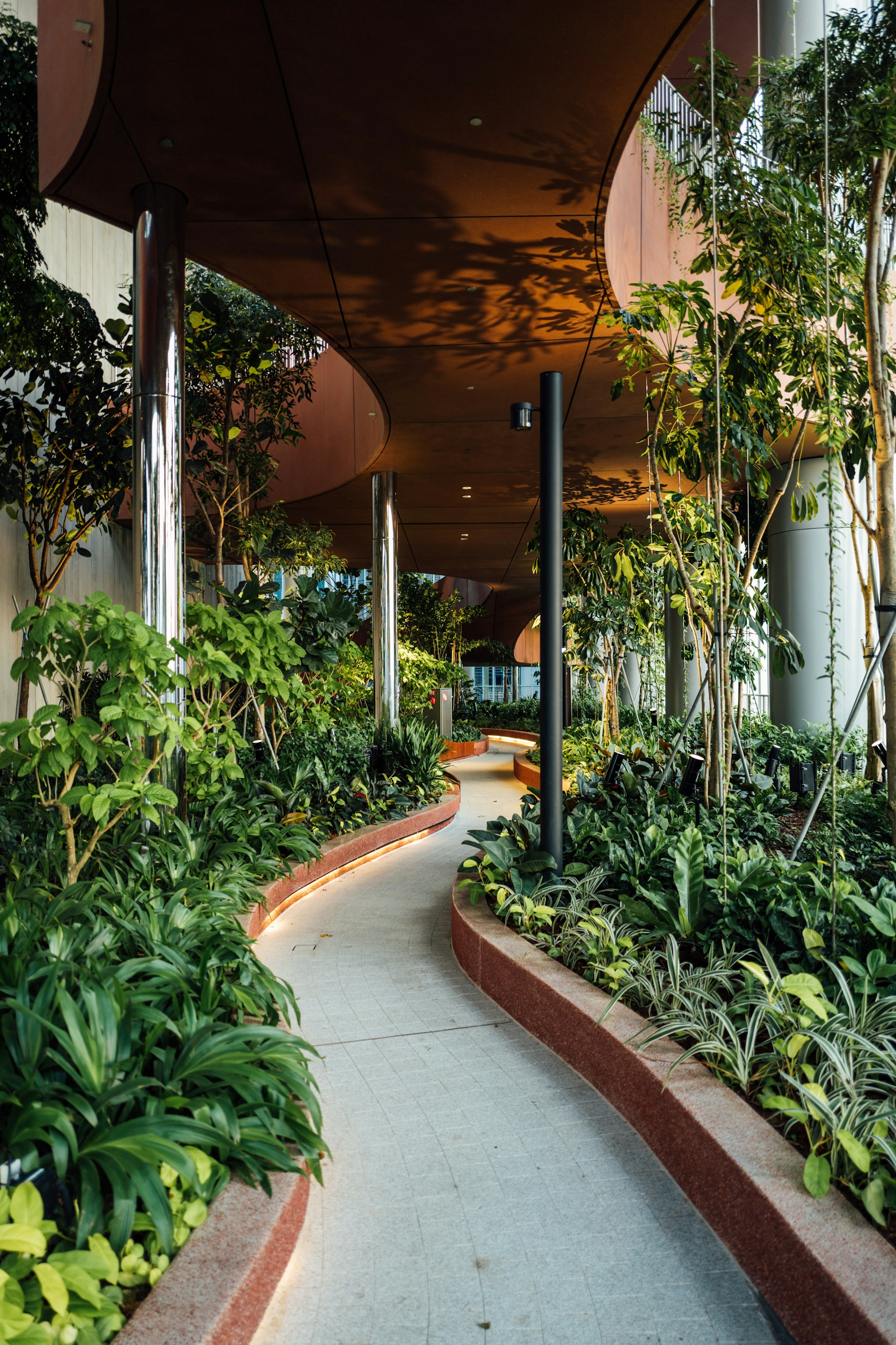a walkway lined with lots of plants next to a building