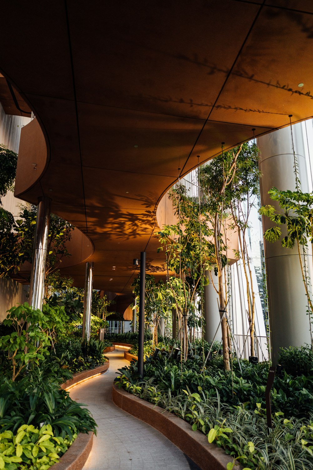 a building with plants and a walkway in front of it