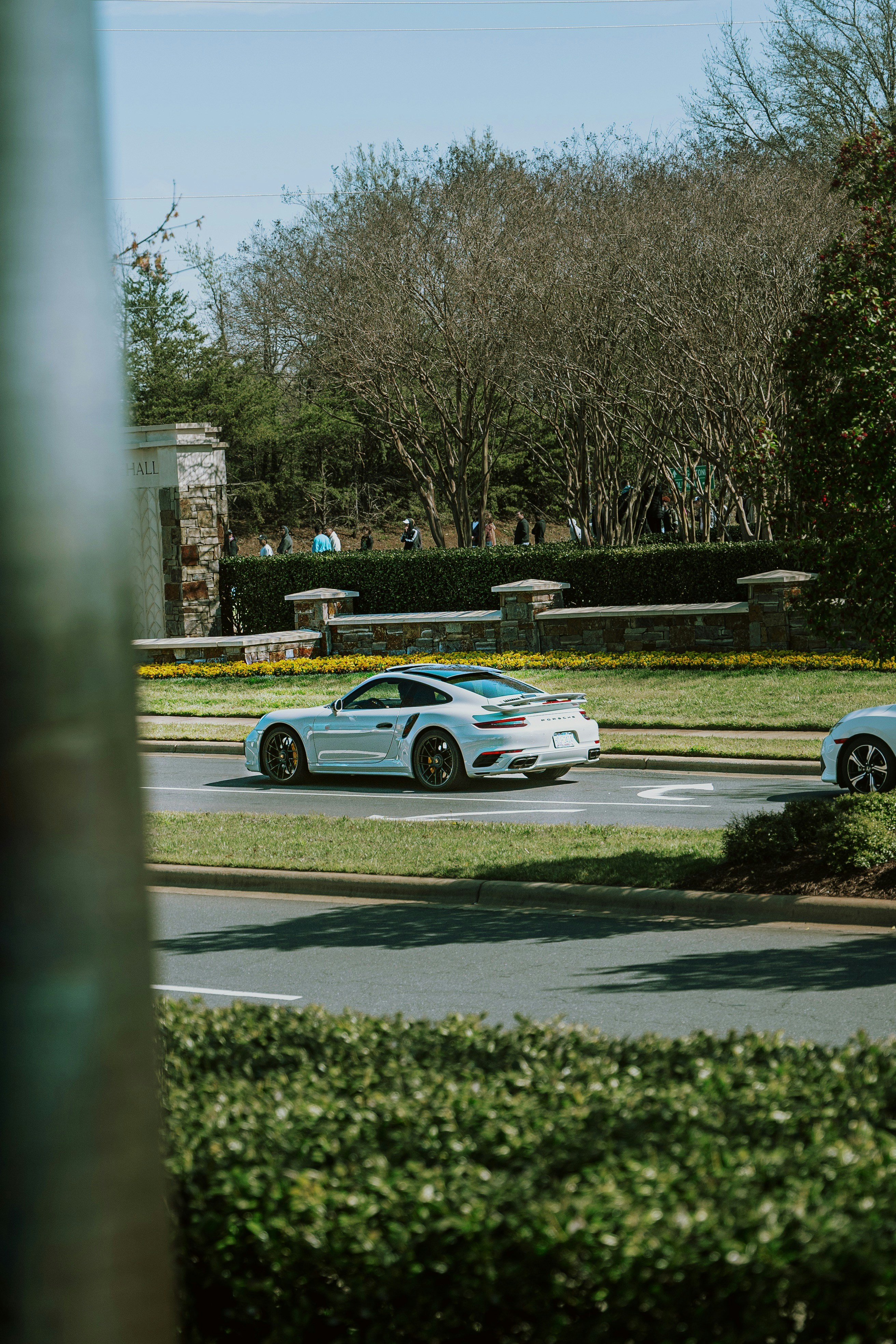 a white car driving down a street next to a lush green park
