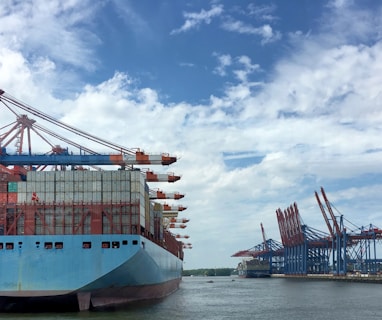 a large blue and white ship in the water