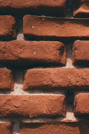 Red clay bricks with a rough, textured surface are stacked in a staggered arrangement. The bricks are set against a mortar backdrop, allowing the earthy tone of the bricks to stand out.