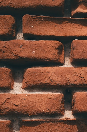 Red clay bricks with a rough, textured surface are stacked in a staggered arrangement. The bricks are set against a mortar backdrop, allowing the earthy tone of the bricks to stand out.