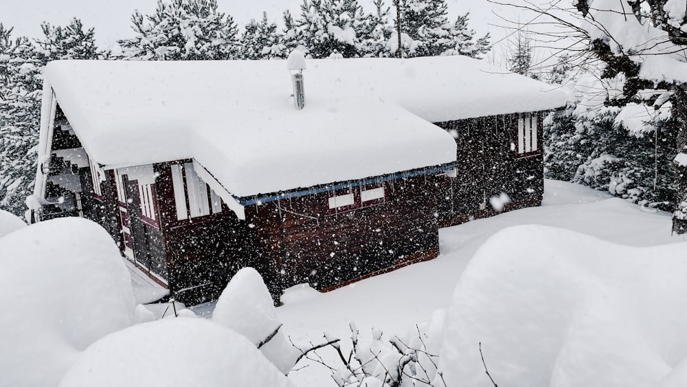 uma casa coberta de neve com árvores ao fundo