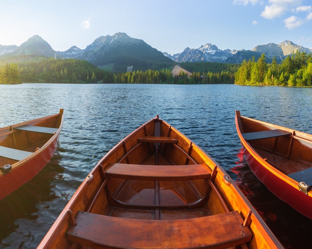 three canoes are lined up in the water