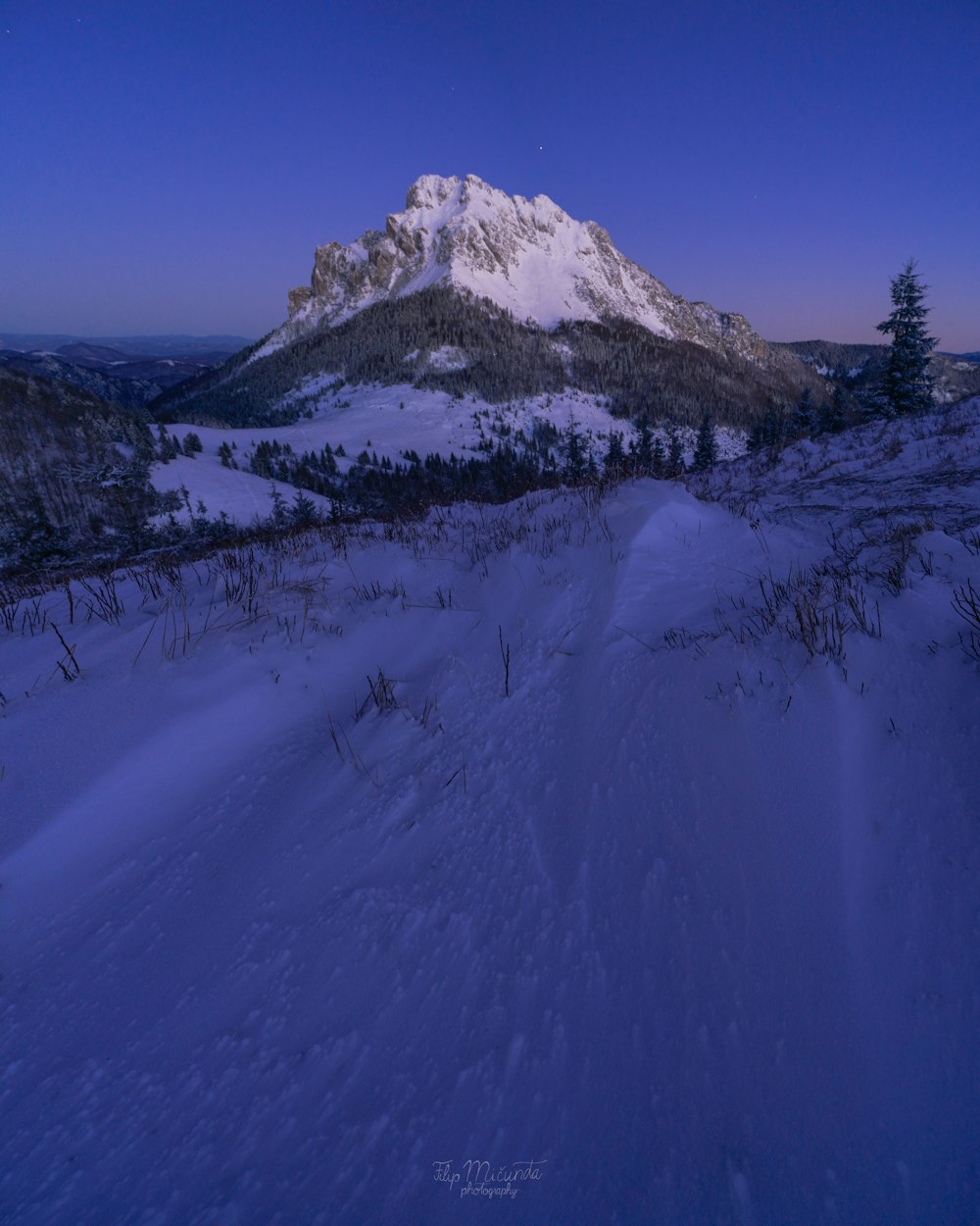 a snow covered field with a mountain in the background