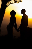 Silhouette of a couple holding hands against a vibrant sunset sky.