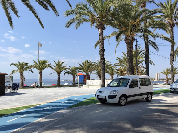 A sleek turquoise van driving along a palm-lined coastal road under a bright blue sky.