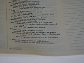 A close-up view of a page from a book, focusing on a passage that appears to be religious or spiritual text. The text is formatted in a structured, verse-like manner, with some lines in italics and numbers indicating sections or verses.
