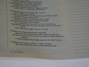 A close-up view of a page from a book, focusing on a passage that appears to be religious or spiritual text. The text is formatted in a structured, verse-like manner, with some lines in italics and numbers indicating sections or verses.