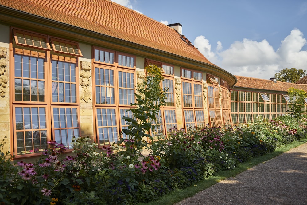 a row of windows sitting next to a lush green field