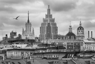 a black and white photo of a city skyline