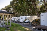 A campsite featuring several parked recreational vehicles and tents set up beneath tall trees. A gazebo with pillars stands in a grassy area, and there are picnic tables visible. The scene evokes a peaceful, natural setting for outdoor activities.