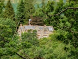 A stone house with a slate roof is nestled amidst a dense forest of lush green trees. The house has multiple chimneys and a Scottish flag flying on a pole. The architecture is traditional, and the house blends harmoniously with the natural surroundings.