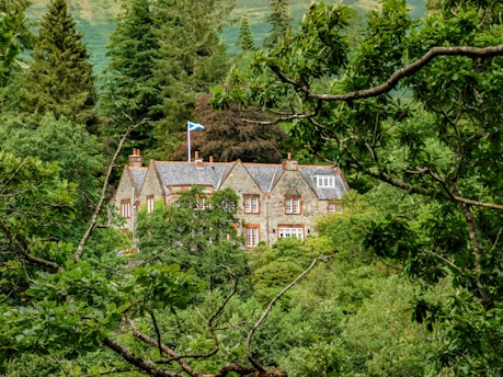 A stone house with a slate roof is nestled amidst a dense forest of lush green trees. The house has multiple chimneys and a Scottish flag flying on a pole. The architecture is traditional, and the house blends harmoniously with the natural surroundings.