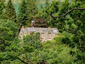 A stone house with a slate roof is nestled amidst a dense forest of lush green trees. The house has multiple chimneys and a Scottish flag flying on a pole. The architecture is traditional, and the house blends harmoniously with the natural surroundings.