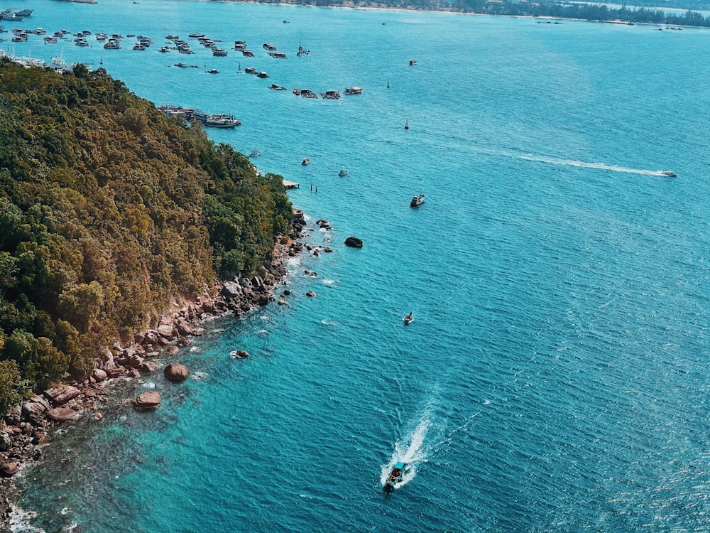 a group of boats floating on top of a large body of water