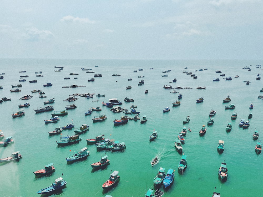 a large group of boats floating on top of a body of water