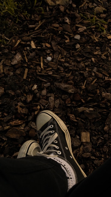 Close-up of worn running shoes on a rugged dirt path, dust swirling with each step.
