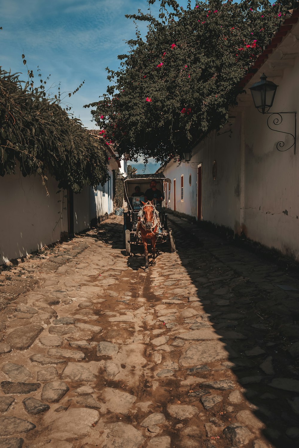 a horse pulling a cart down a cobblestone street