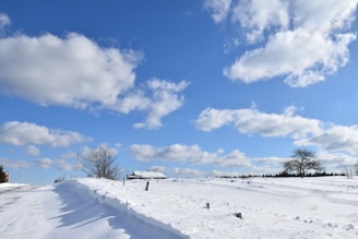 a road that is covered in snow under a cloudy blue sky