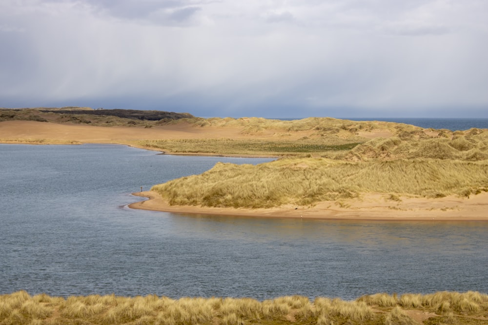 a body of water surrounded by sand dunes