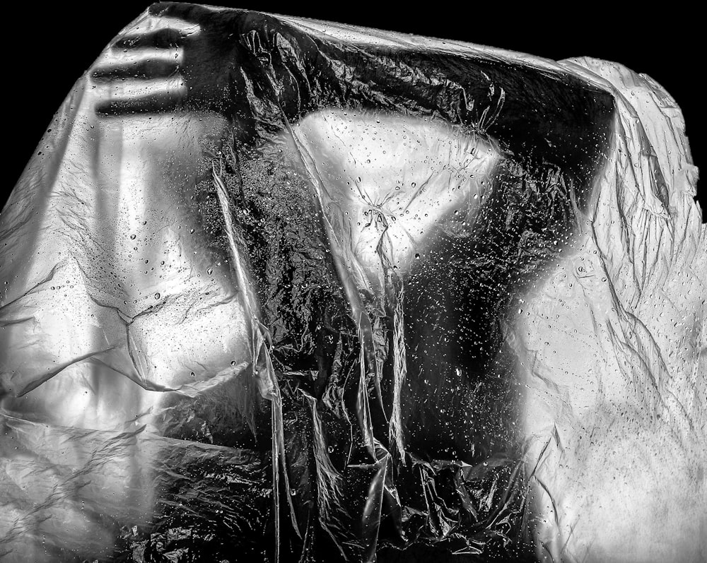 a black and white photo of a rock covered in ice