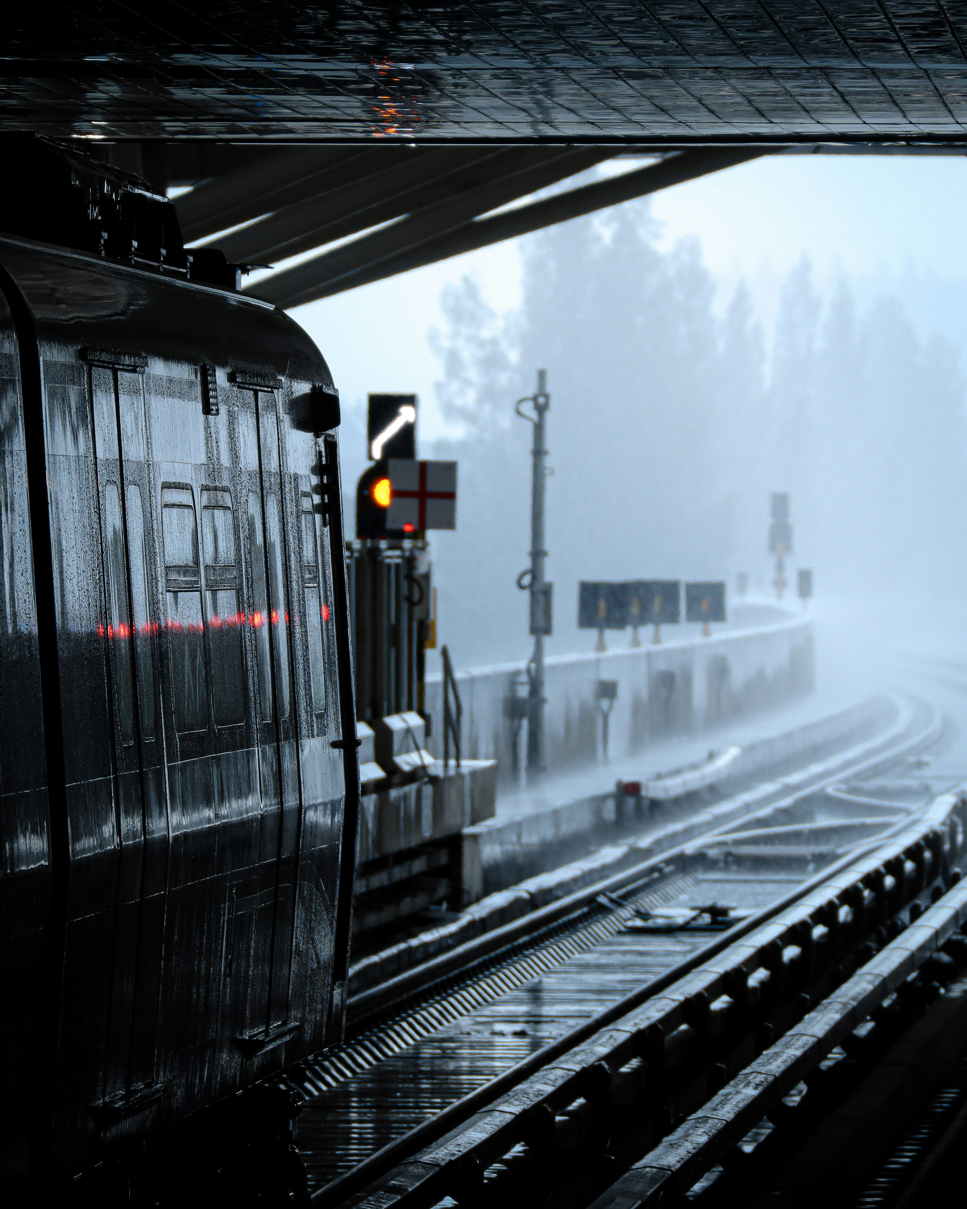 a train traveling down train tracks next to a forest