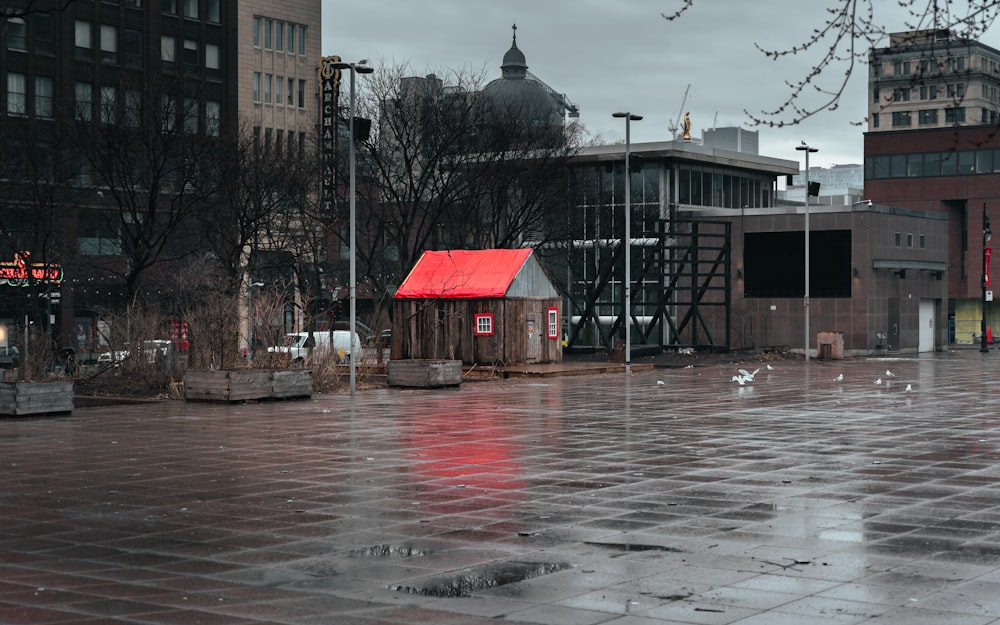 a close up of an umbrella on a city street